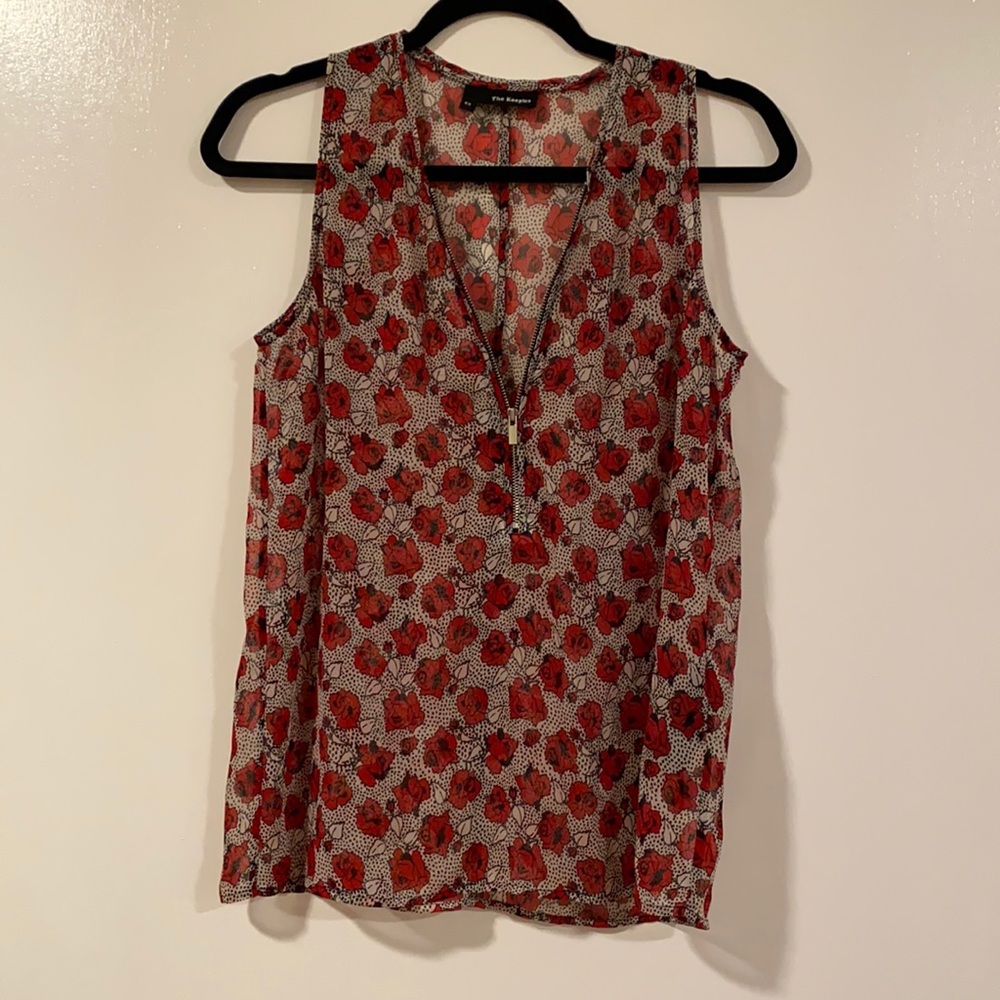 The Kooples Rose Printed Front Zip Sleeveless Blouse